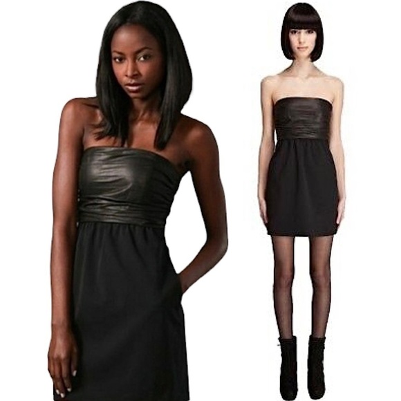 NWT THEORY Y2K Pleated Lamb Leather & Wool Twill Strapless Black Mini Dress 4 - Picture 2 of 6